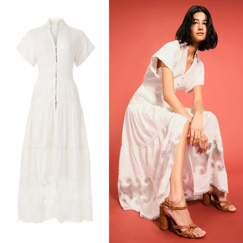 Maje Dress Embroidered Lace Button Front Ruffled Tiered Maxi A-Line White 38 - Picture 1 of 12